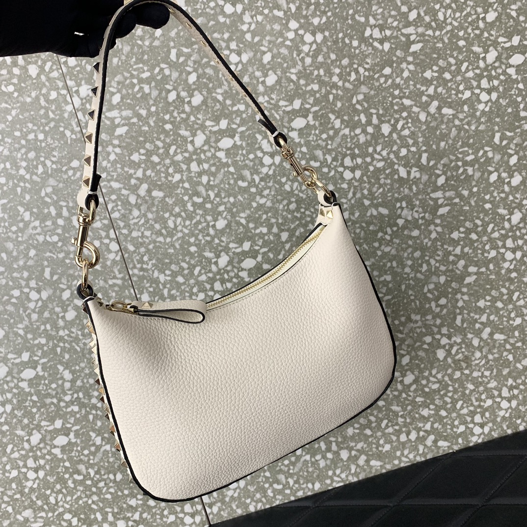 Valentino Garavani Rockstud Small Hobo Bag in Ivory Grainy Calfskin